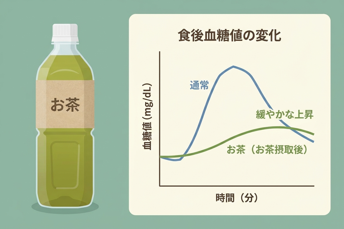 お茶のペットボトルと血糖値グラフのイメージ図