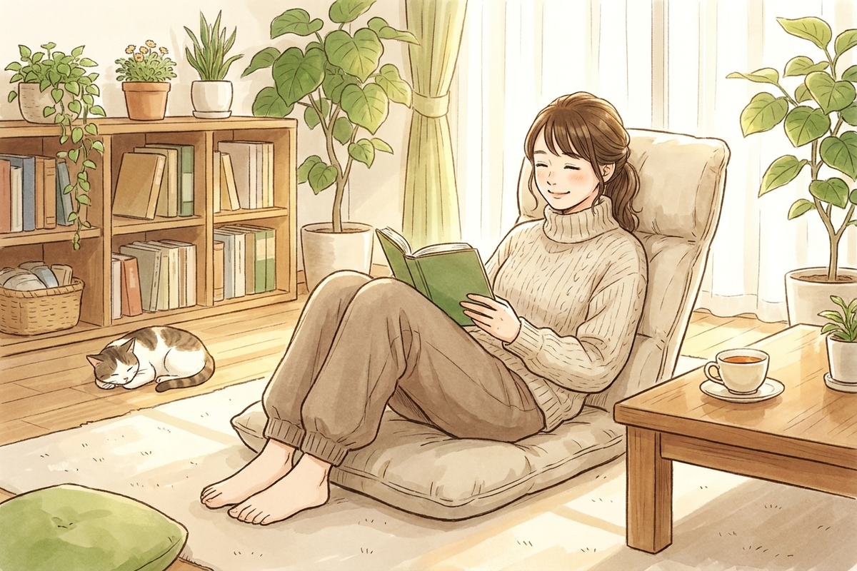 ハイバックの座椅子で快適にくつろぐ女性