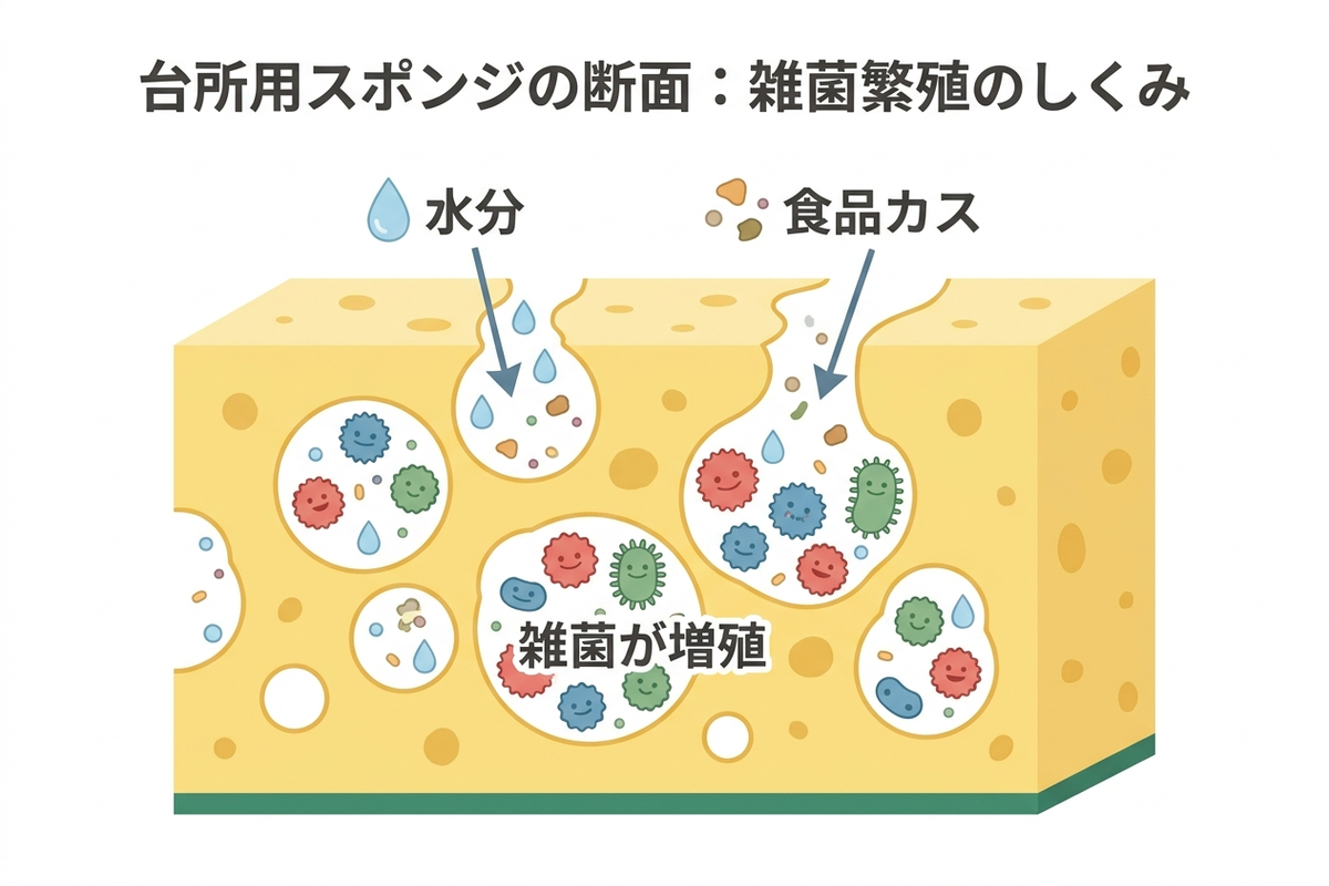 スポンジの気泡構造の中で雑菌が増殖する様子を示すイラスト図解