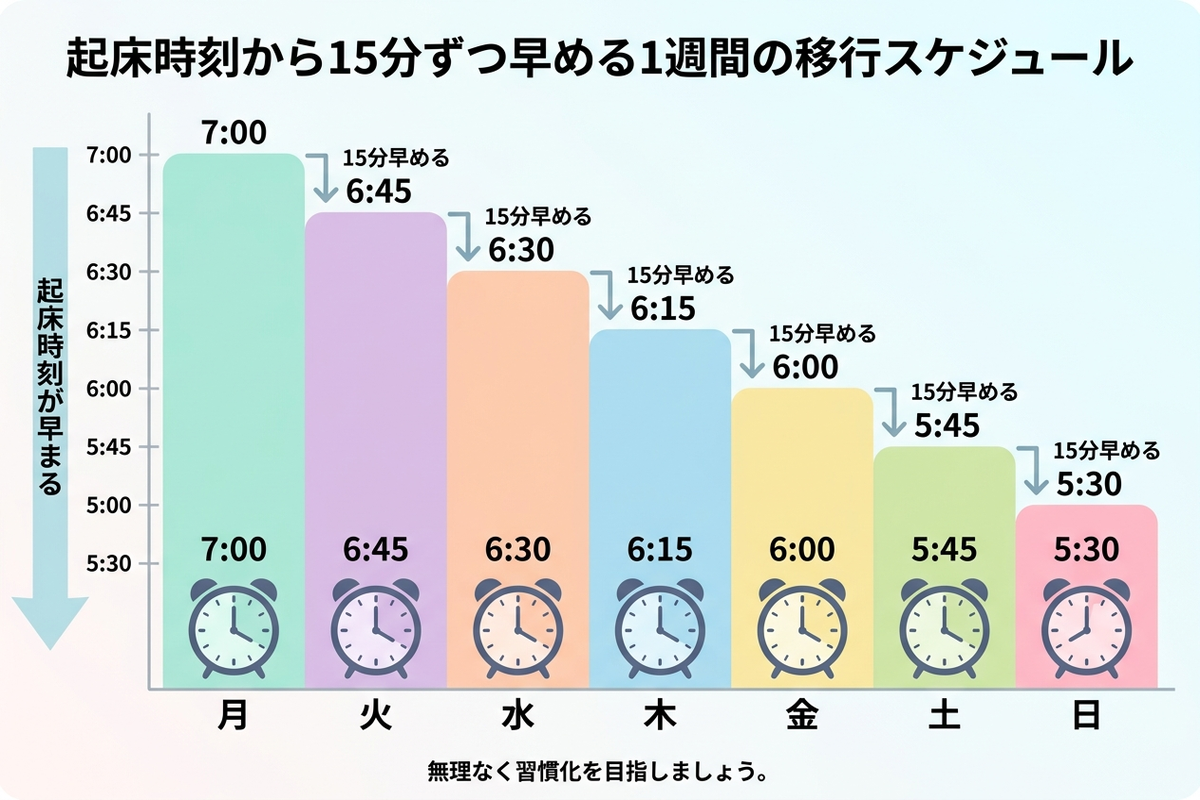 起床時刻を1日15分ずつ早めていく1週間の移行スケジュールを示す日本語インフォグラフィック