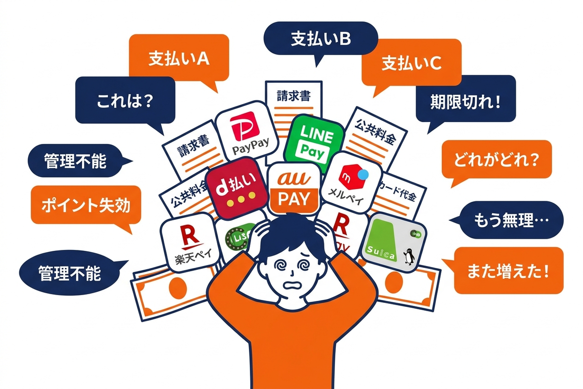 複数の後払いサービスを同時に利用して支払い管理が煩雑になる様子を示すイラスト