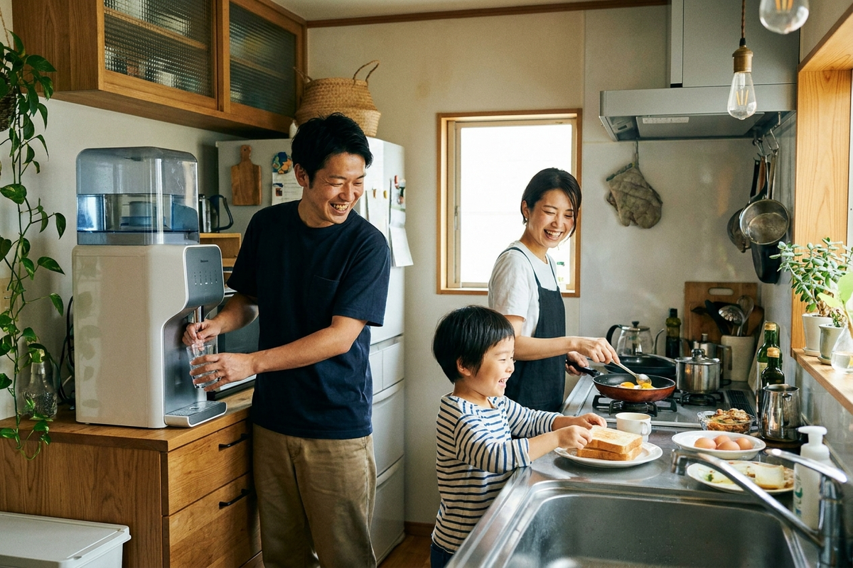 共働き家庭のキッチンでウォーターサーバーを使う様子