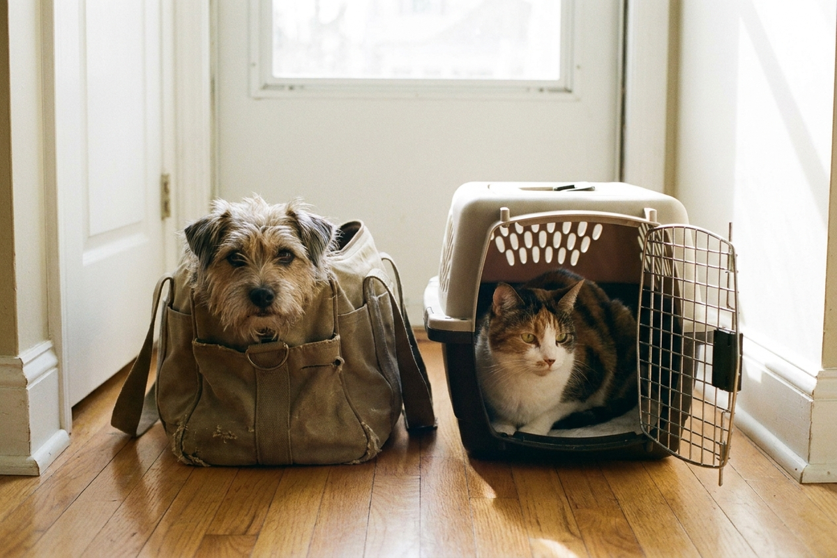 キャリーバッグに入った犬と猫