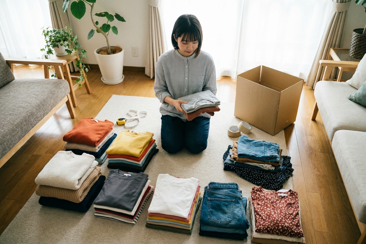 衣替えで仕分けた服をまとめ売り用に並べる様子