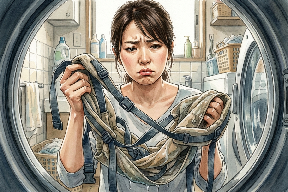 洗濯機を前に抱っこ紐を持って困っている女性