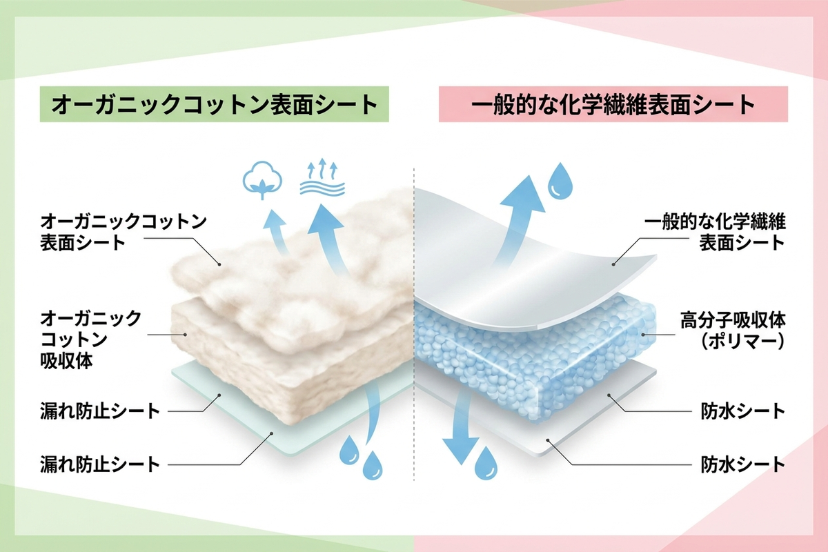生理用ナプキンの表面シート素材を比較する図