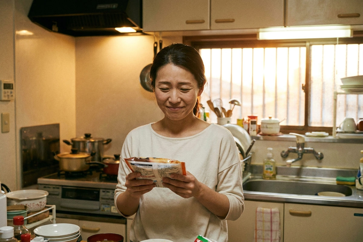 冷凍食品のパッケージを手に複雑な表情を浮かべる女性