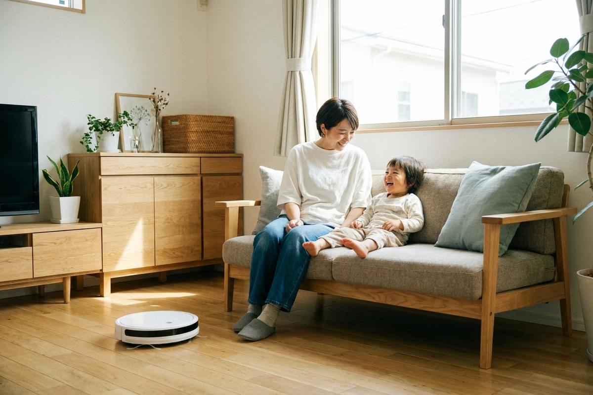ロボット掃除機が動く横でくつろぐ女性