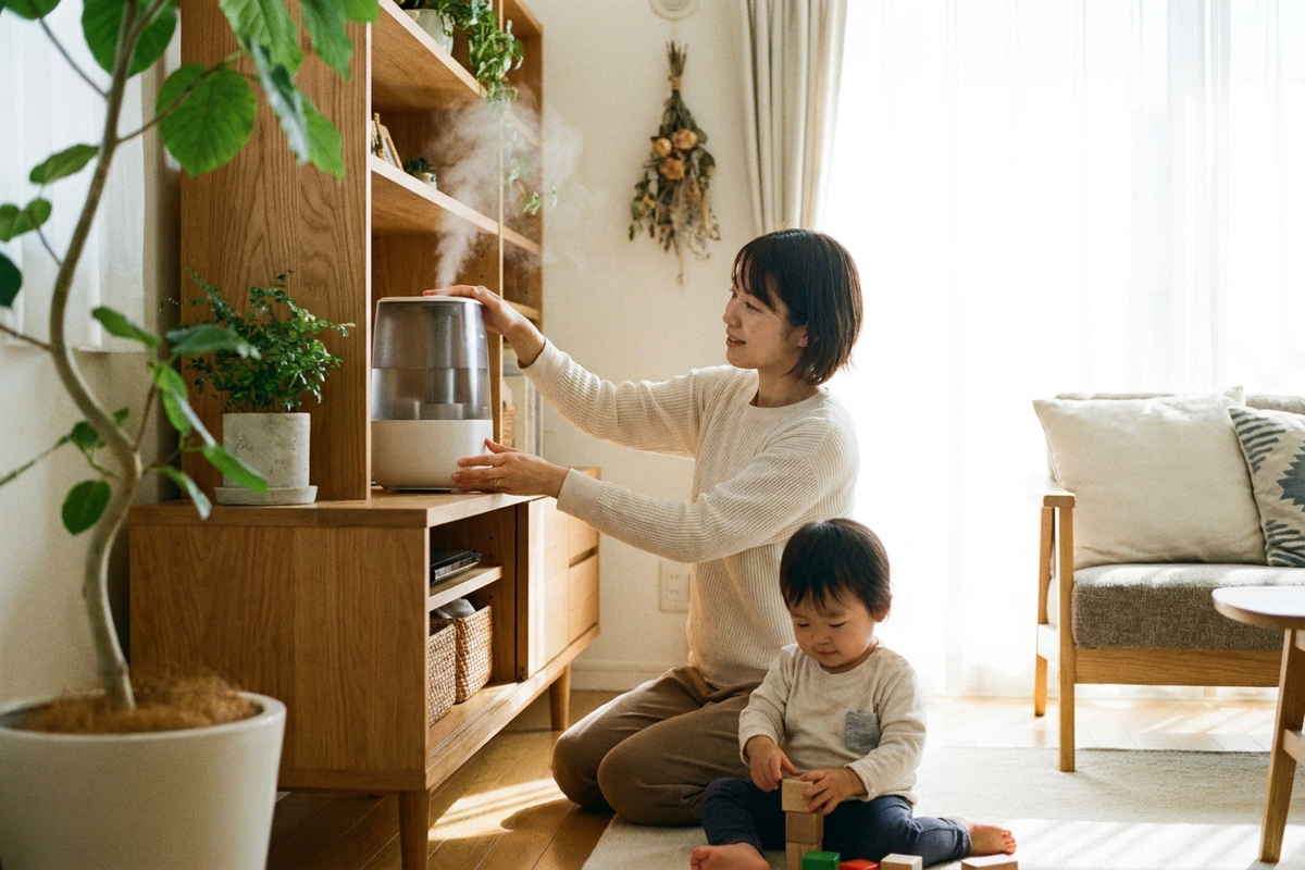 ハイブリッド式加湿器を高い場所に設置し、小さな子どもが安全な距離で遊んでいる家庭の様子