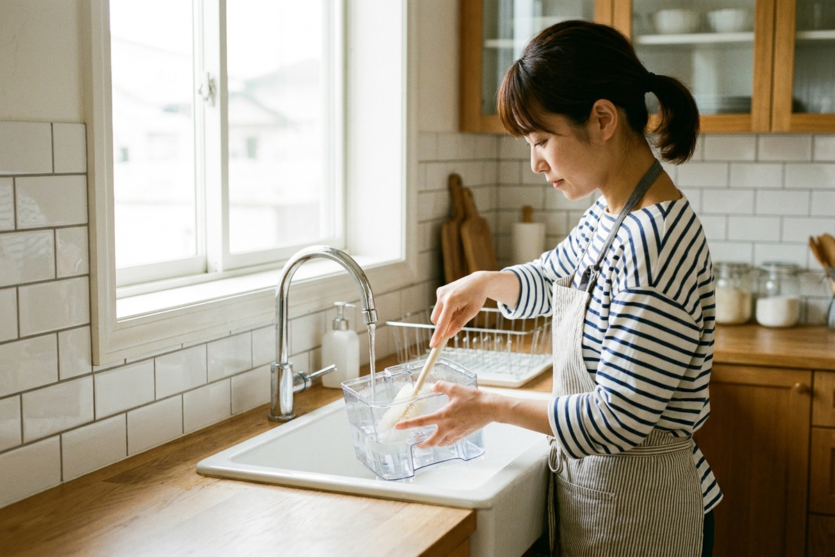加湿器のタンクをキッチンで丁寧に洗浄する女性