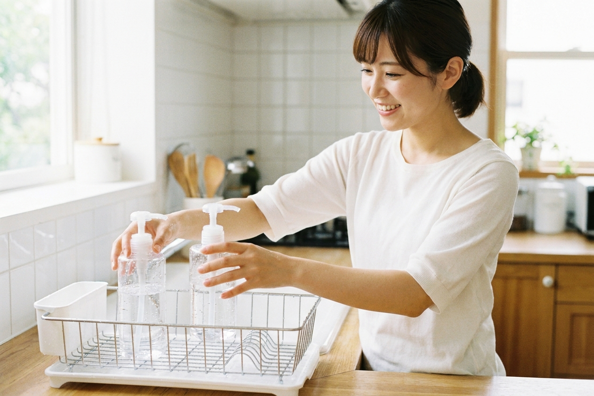 キッチンで詰め替え用のスペアボトルを乾燥棚に並べる女性