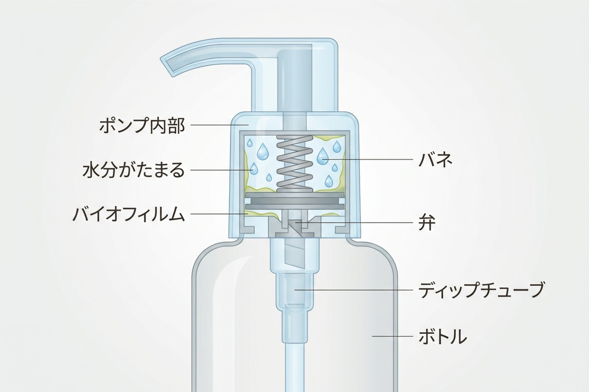 ポンプディスペンサーの内部にたまった水分と汚れの様子を示す断面図イラスト