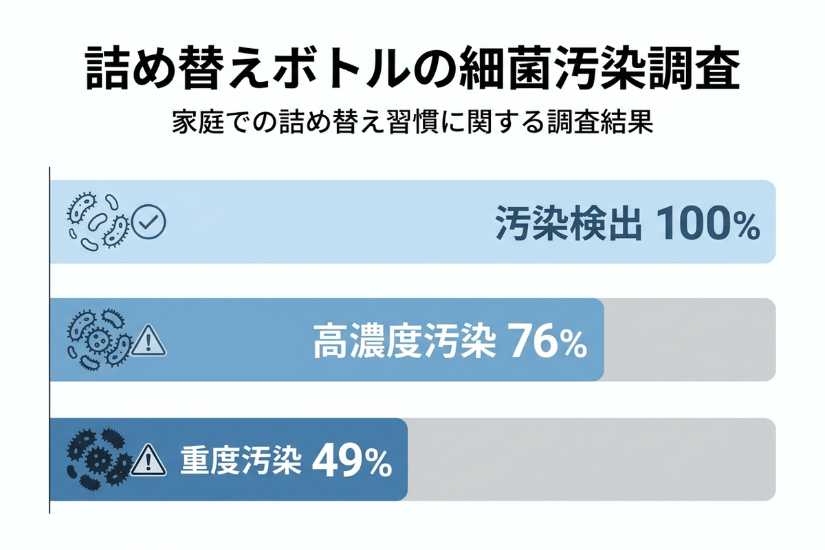 詰め替え式ディスペンサーの細菌汚染率を示すインフォグラフィック棒グラフ