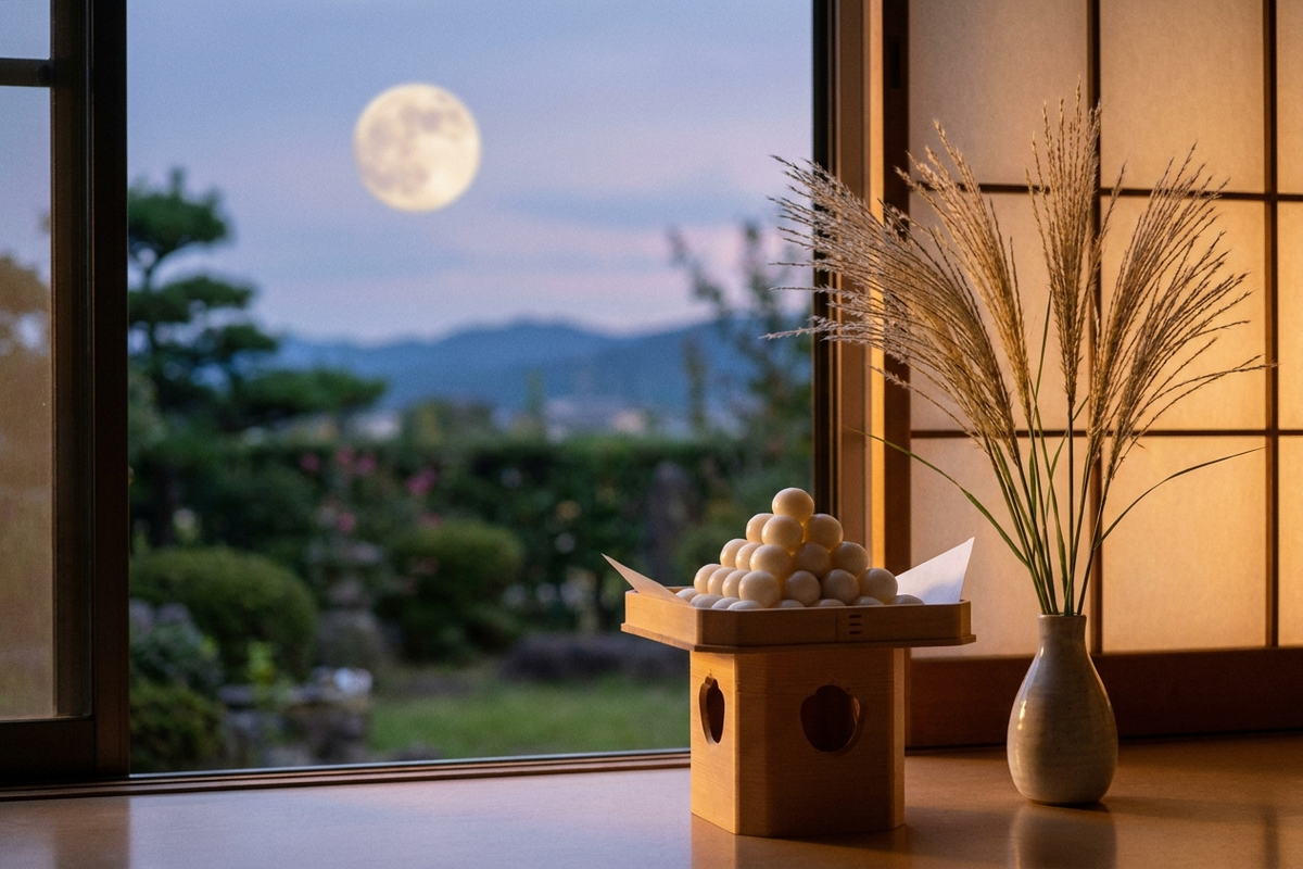 夕方の窓辺、三方に盛られた月見団子とすすき、奥に満月が見える様子