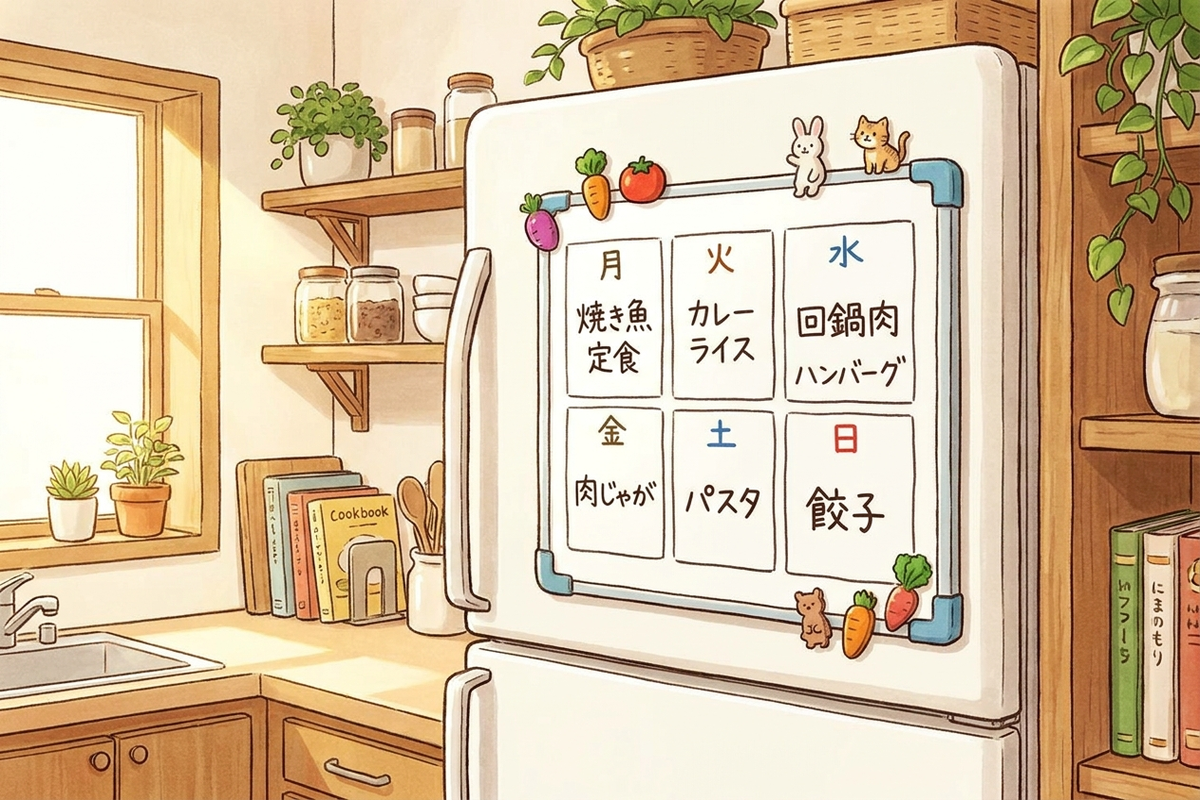 冷蔵庫に貼られた週間献立ホワイトボードと、1週間分の料理名が書き込まれた様子