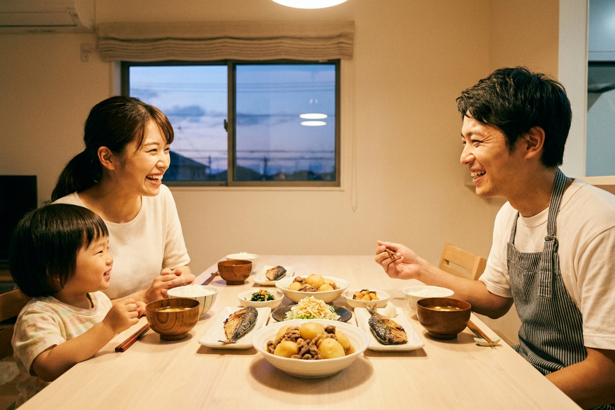 家族で夕食を囲む温かい食卓の様子