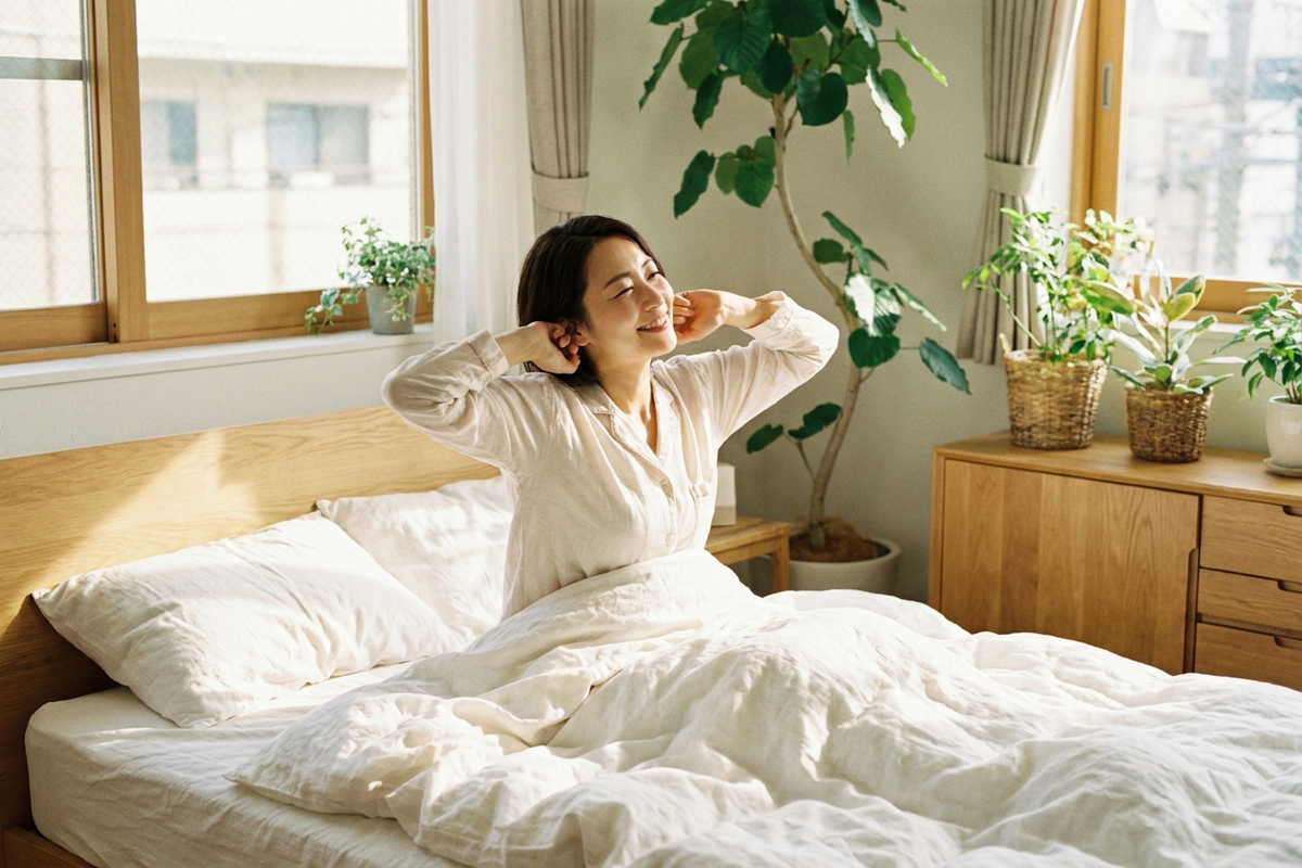 朝の光の中で気持ちよさそうに目覚める女性、睡眠と美容の関係を表すイメージ