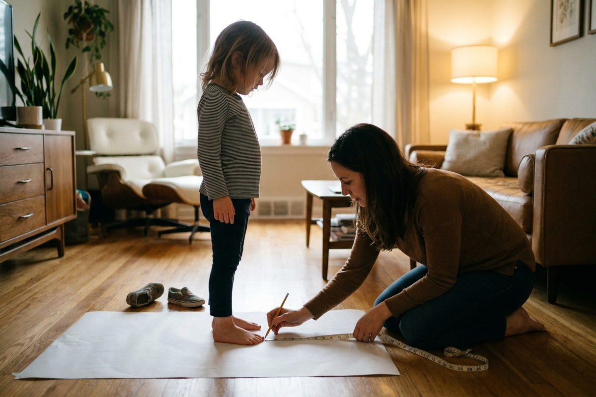 リビングで紙とメジャーを使い、子どもの足のサイズを測っている様子