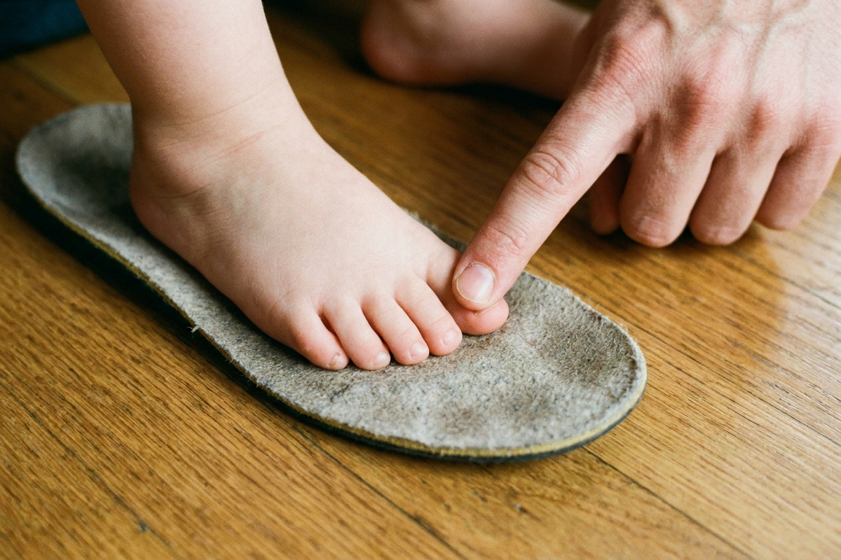 子どもの靴の中敷きを取り出し、足を乗せてつま先の余白を確認している様子