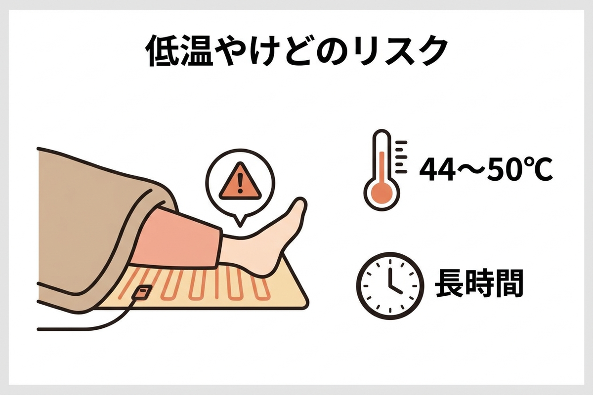 電気毛布の低温やけどリスクを示すイメージ図