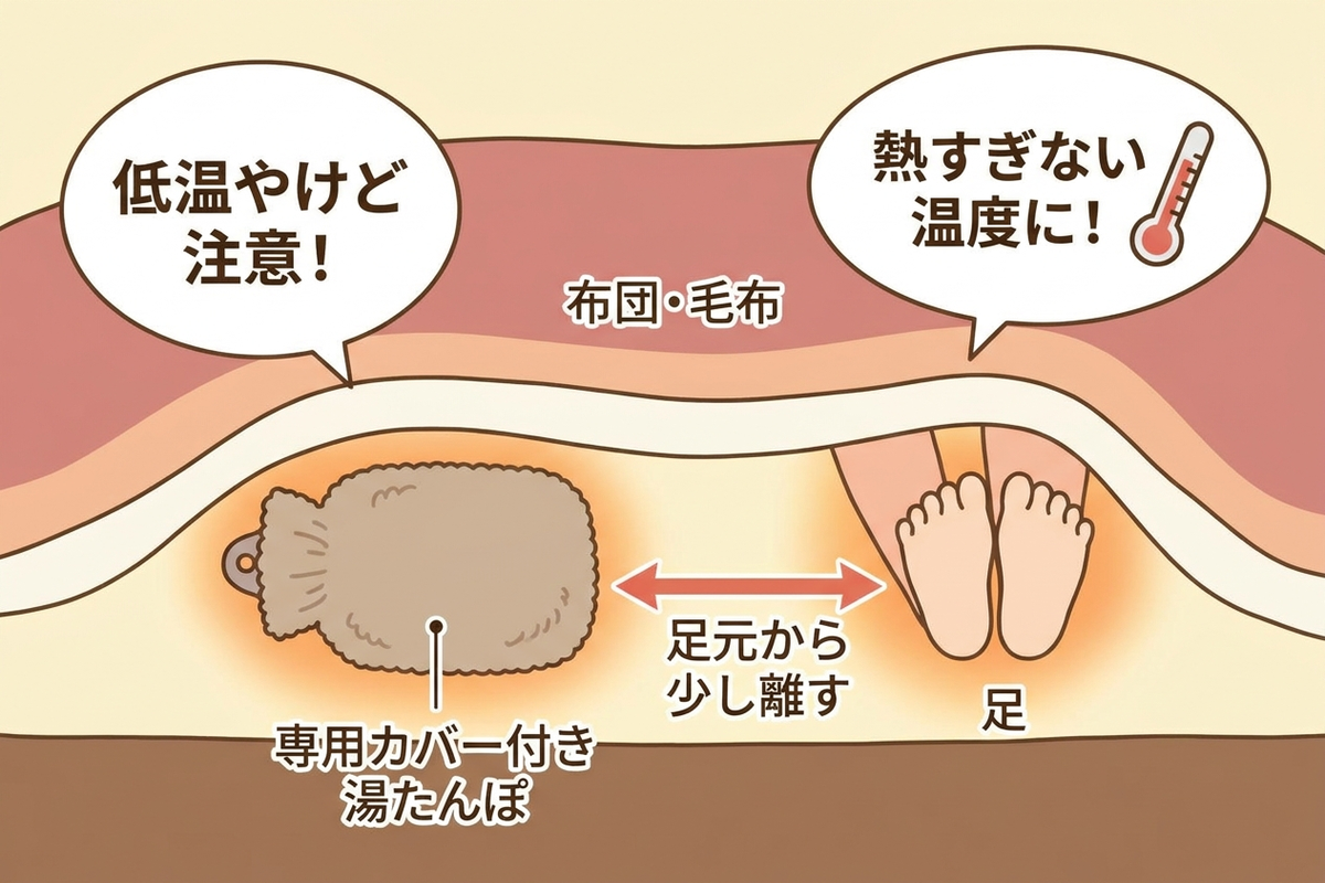 湯たんぽの低温やけどリスクと正しい使い方を示すイメージ