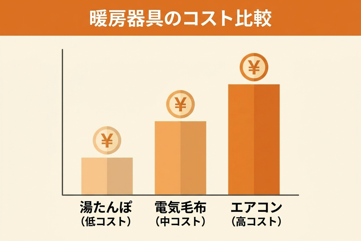 湯たんぽとエアコン・電気毛布の暖房コストを比較するイメージ