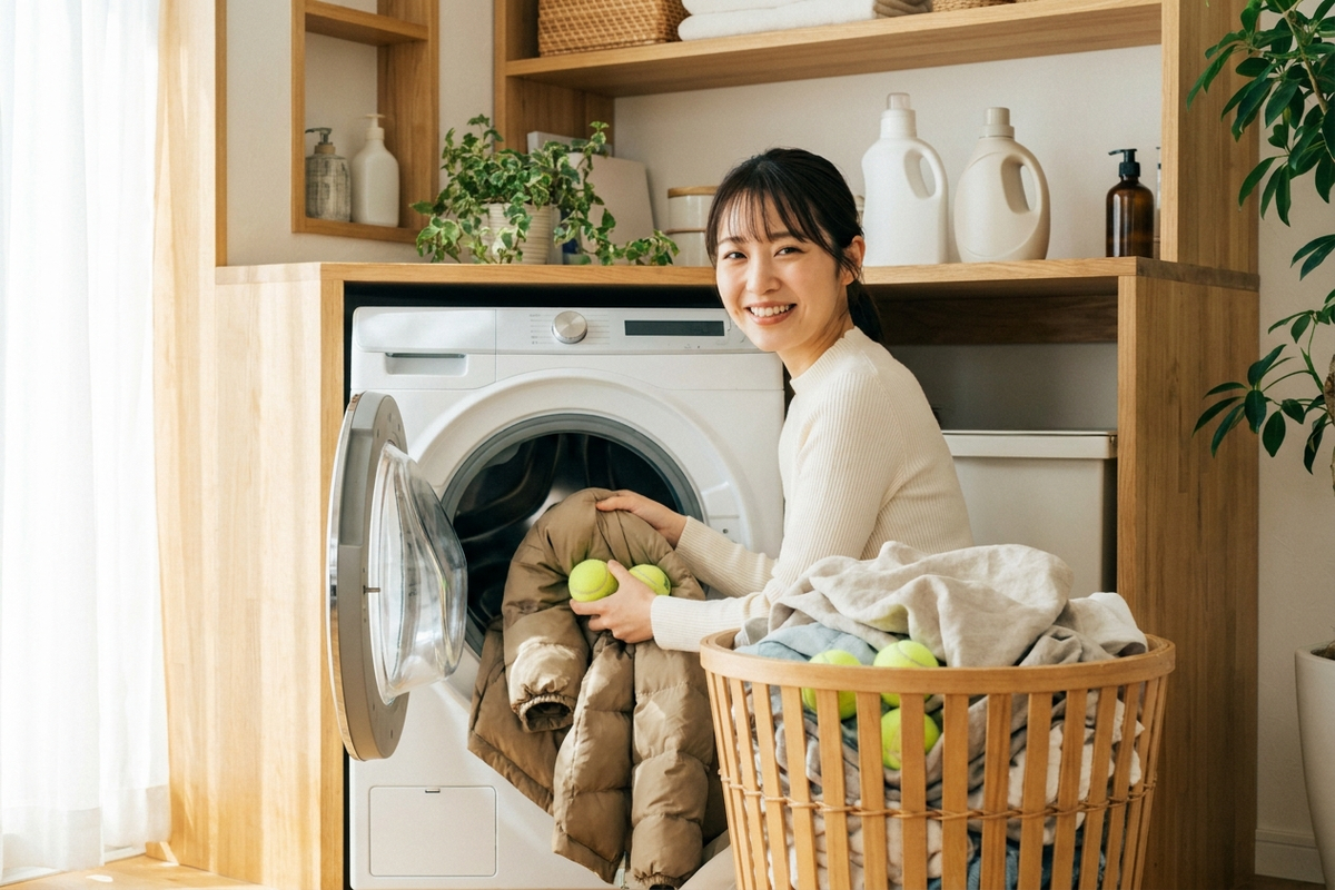洗濯乾燥機とテニスボールでダウンをふわふわに復元する様子