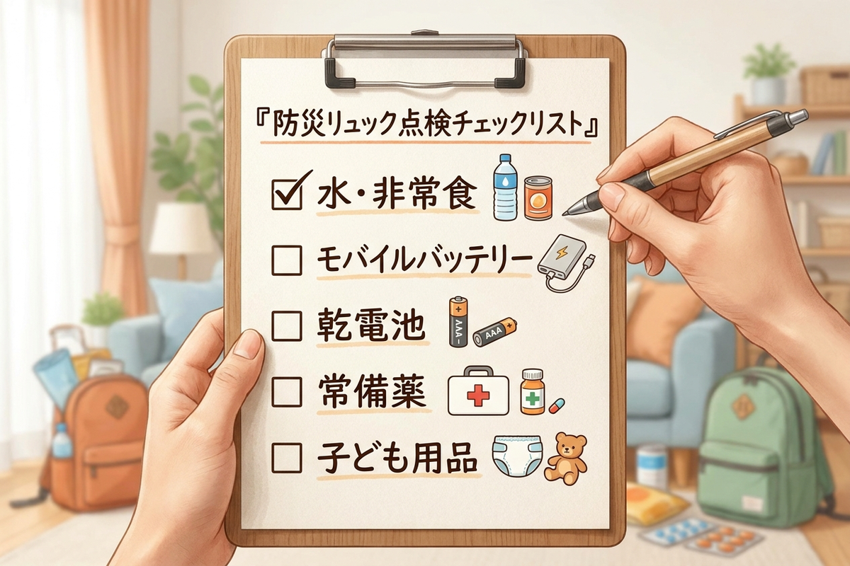 防災グッズの点検チェックリストを確認する様子