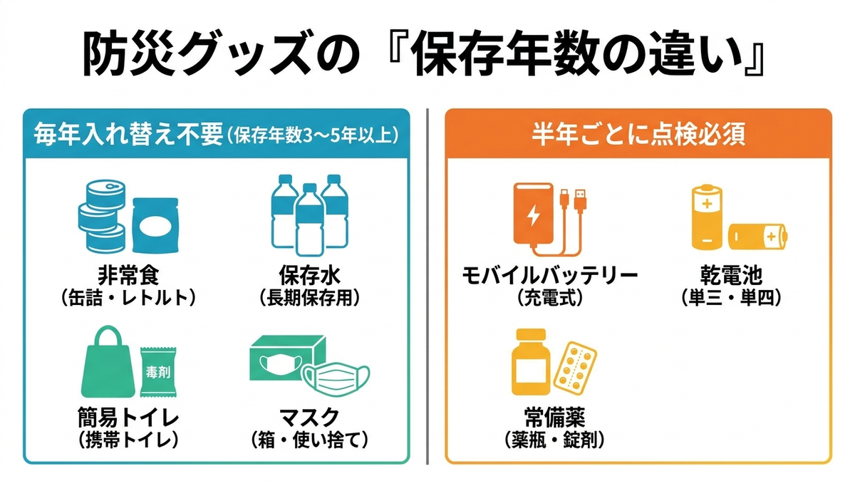長期保存できる防災用品と入れ替えサイクルの違いを示すイメージ
