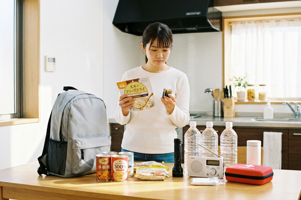 非常食や乾電池を手に取って劣化を確認している様子