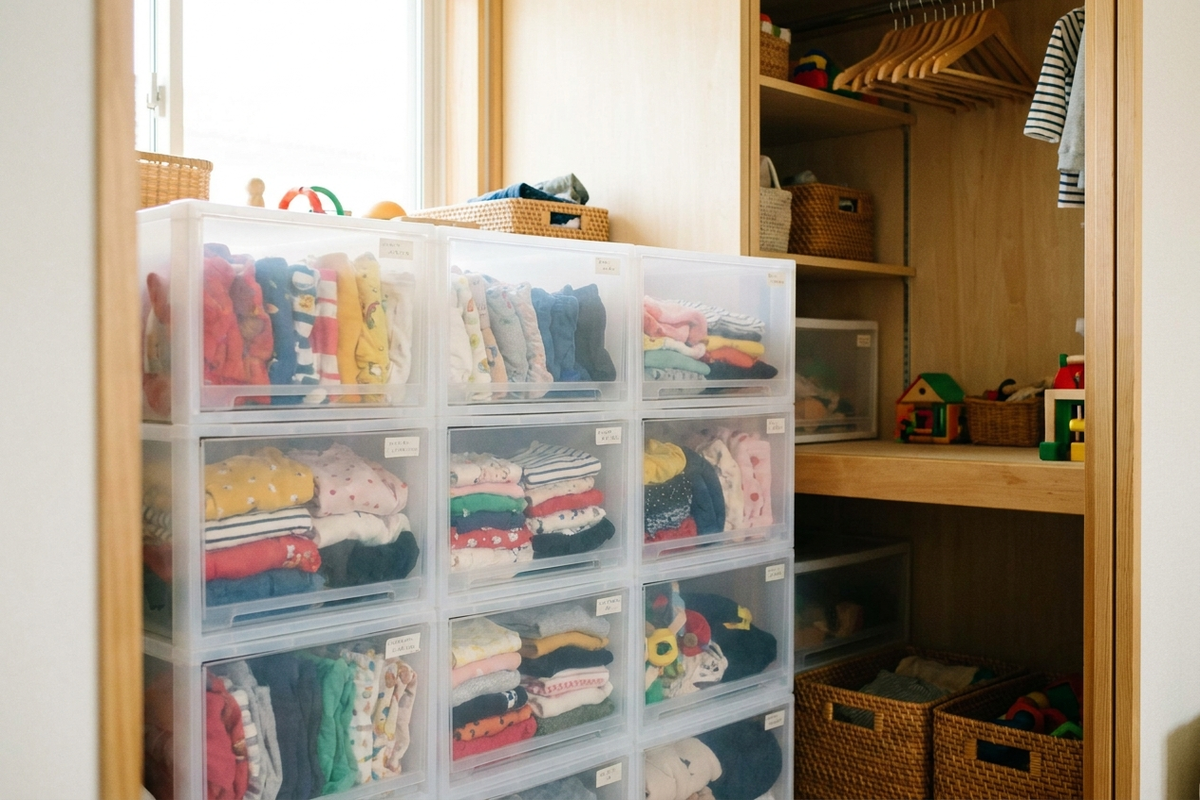 仕分けた子供服を収納する様子