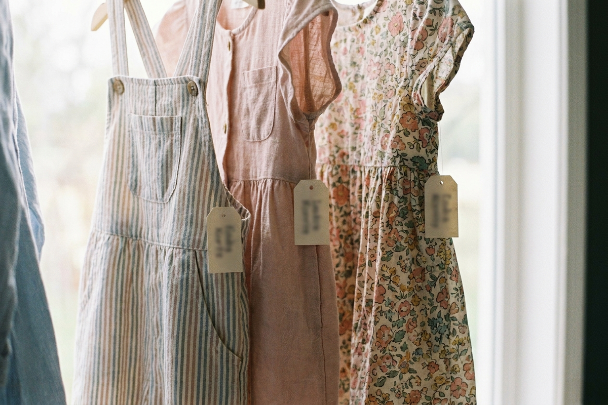 きょうだいの子供服にお名前タグをつける様子