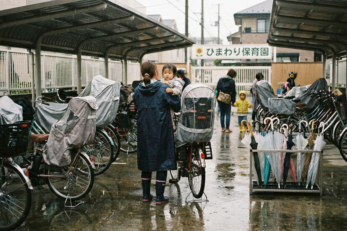 雨の日に子ども乗せ自転車で保育園に向かう様子