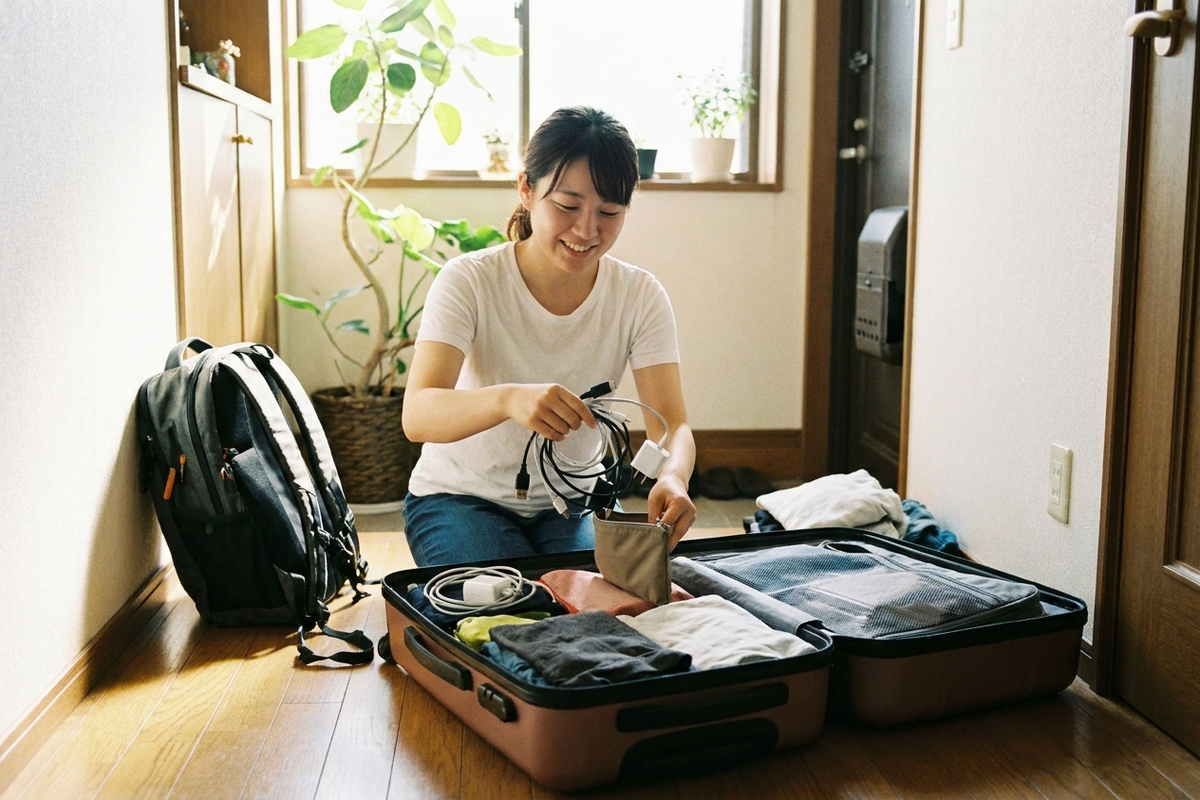 旅行の荷造りで充電器を準備する女性