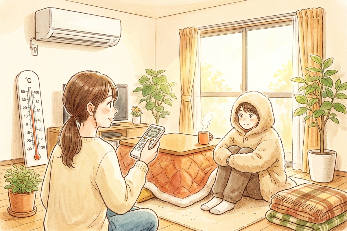 暖房の設定温度を確認する女性のイラスト