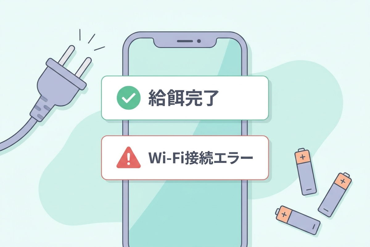 スマホの給餌通知とWi-Fi接続エラーのイメージ