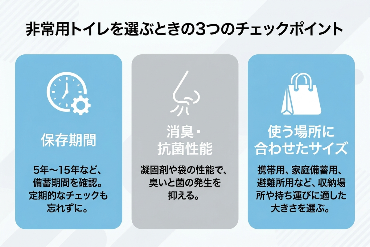 非常用トイレを選ぶ3つのポイントの図解