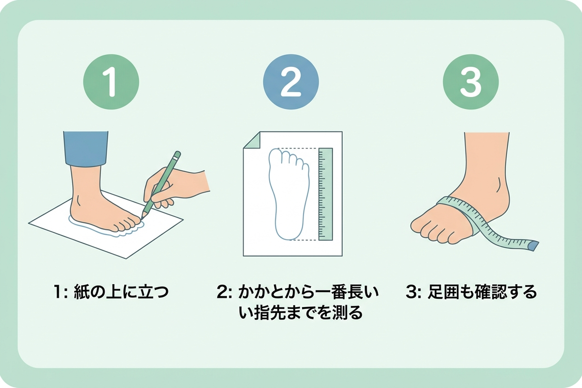 家庭で子供の足のサイズを測る手順の図解