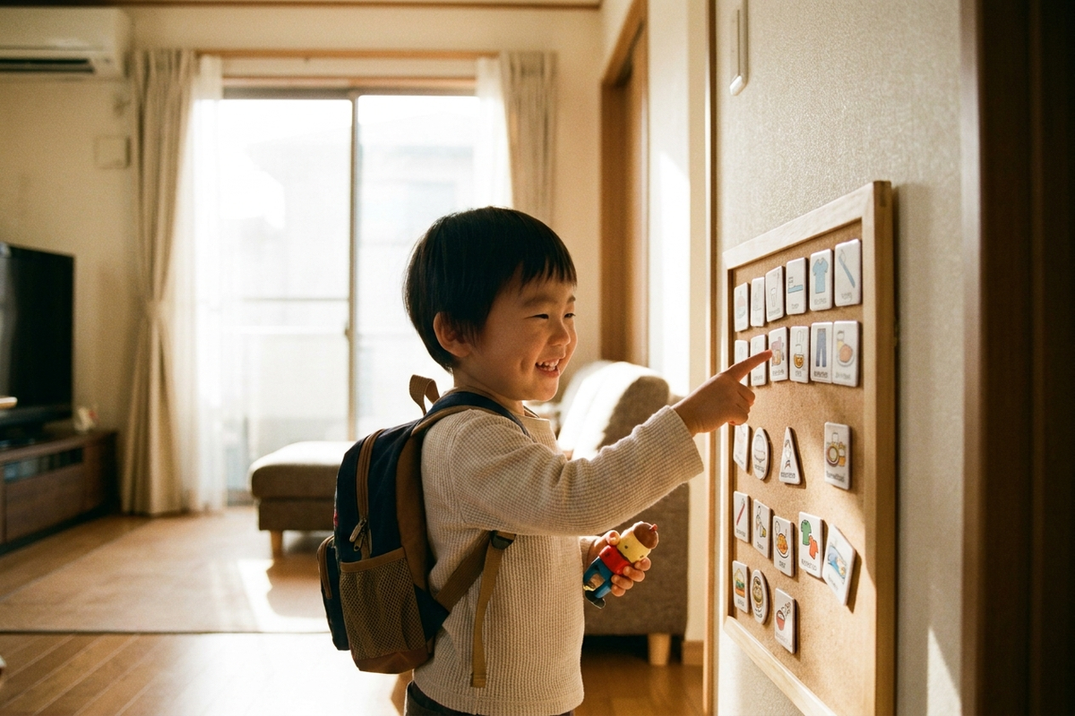 自分でやることボードを確認する子ども
