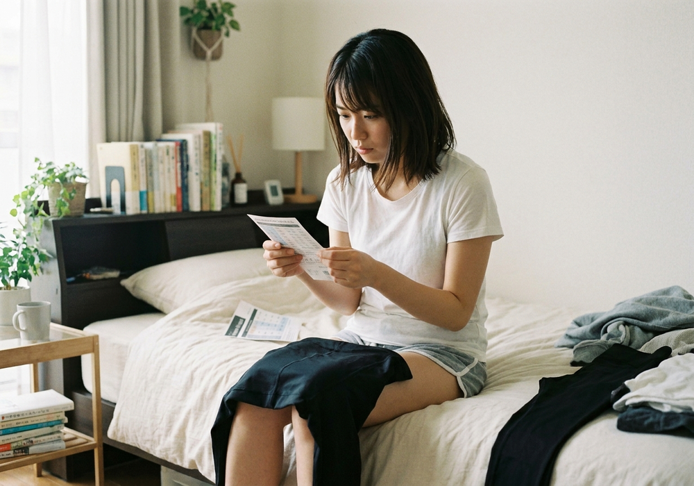 サイズ表と自分の太ももを見比べる女性