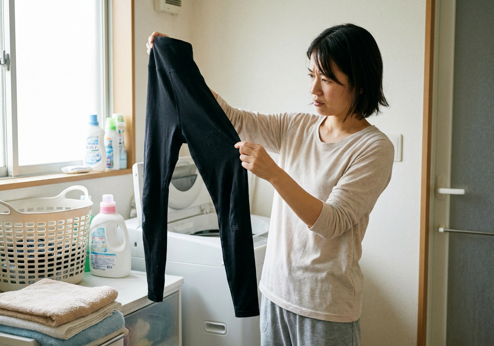 洗濯後の着圧レギンスの毛玉を確認してがっかりする女性