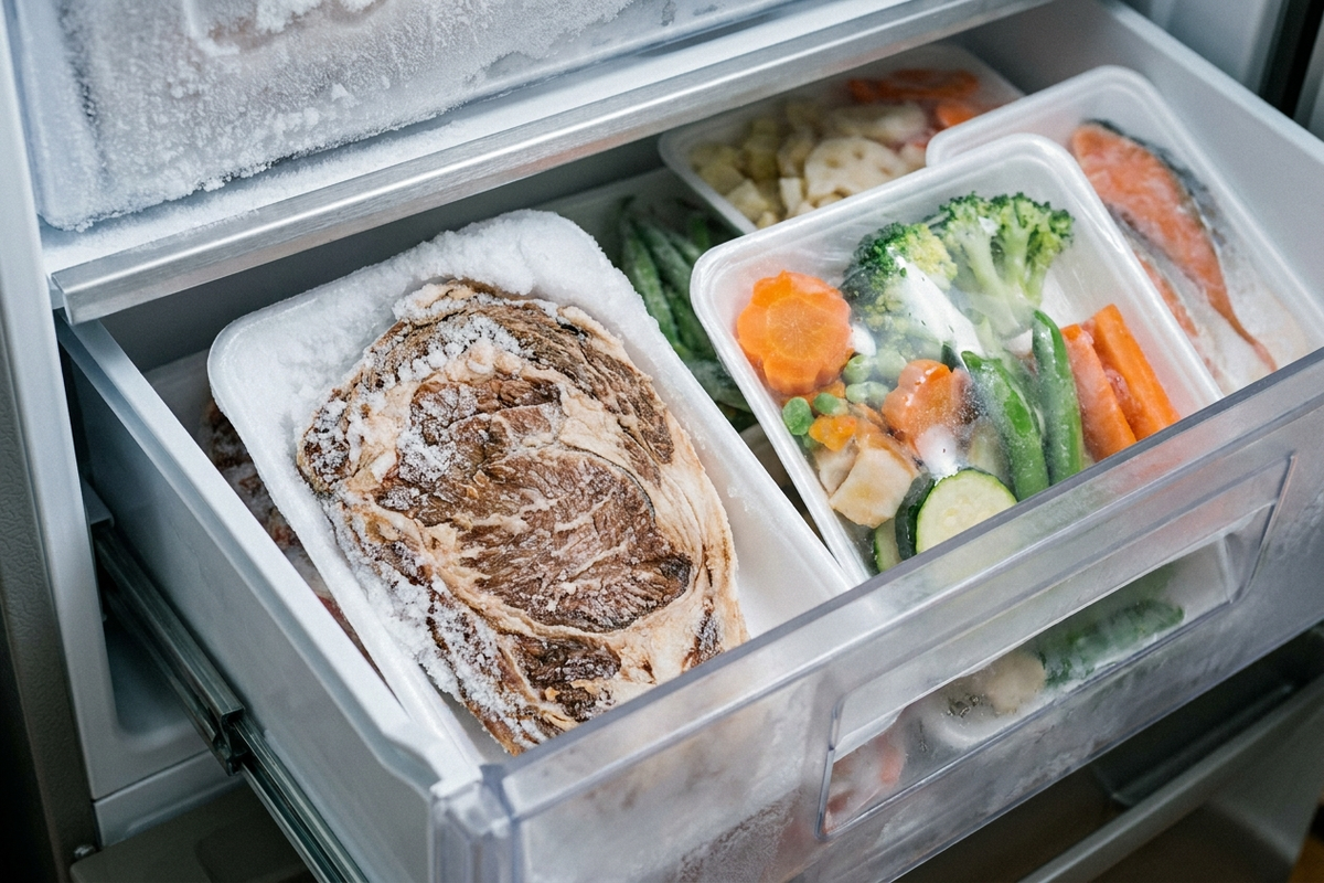 冷凍庫内の食材と霜の様子
