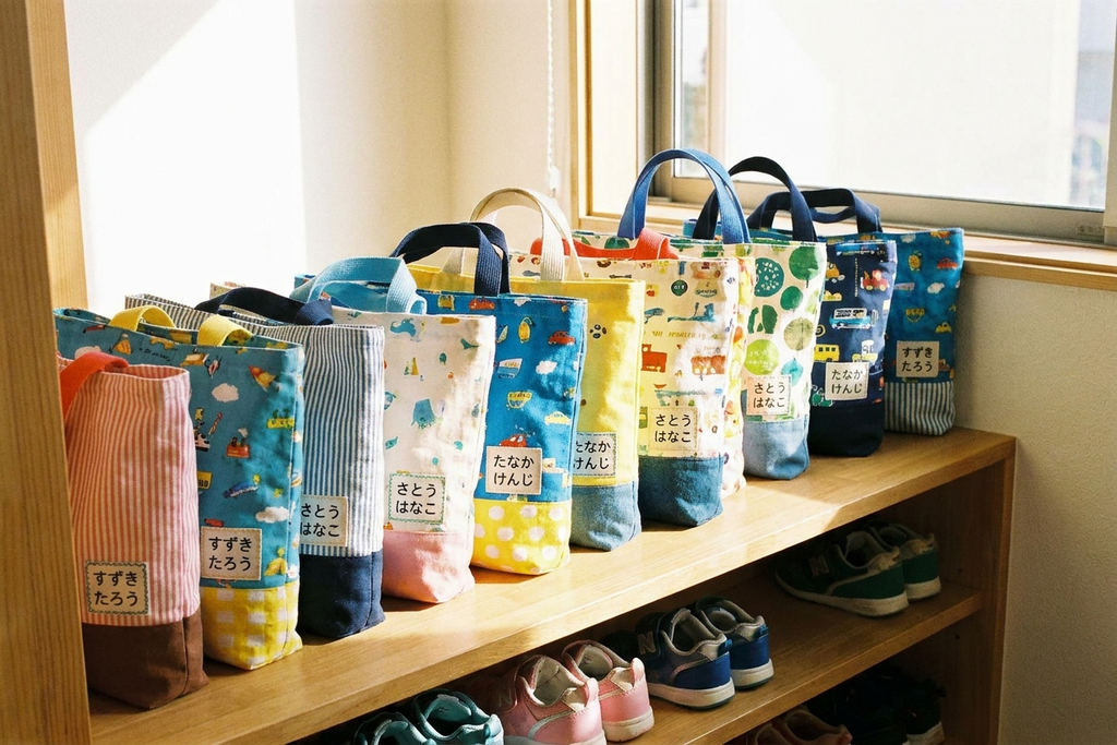 名前つけをした複数の子供用バッグ