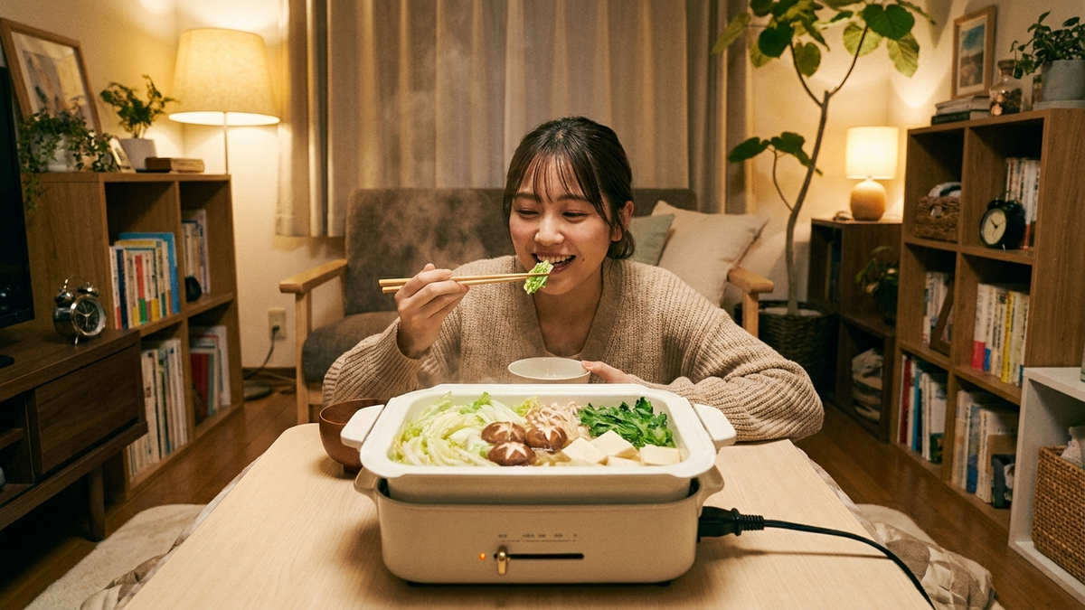 一人用の電気鍋で鍋料理を楽しむ女性