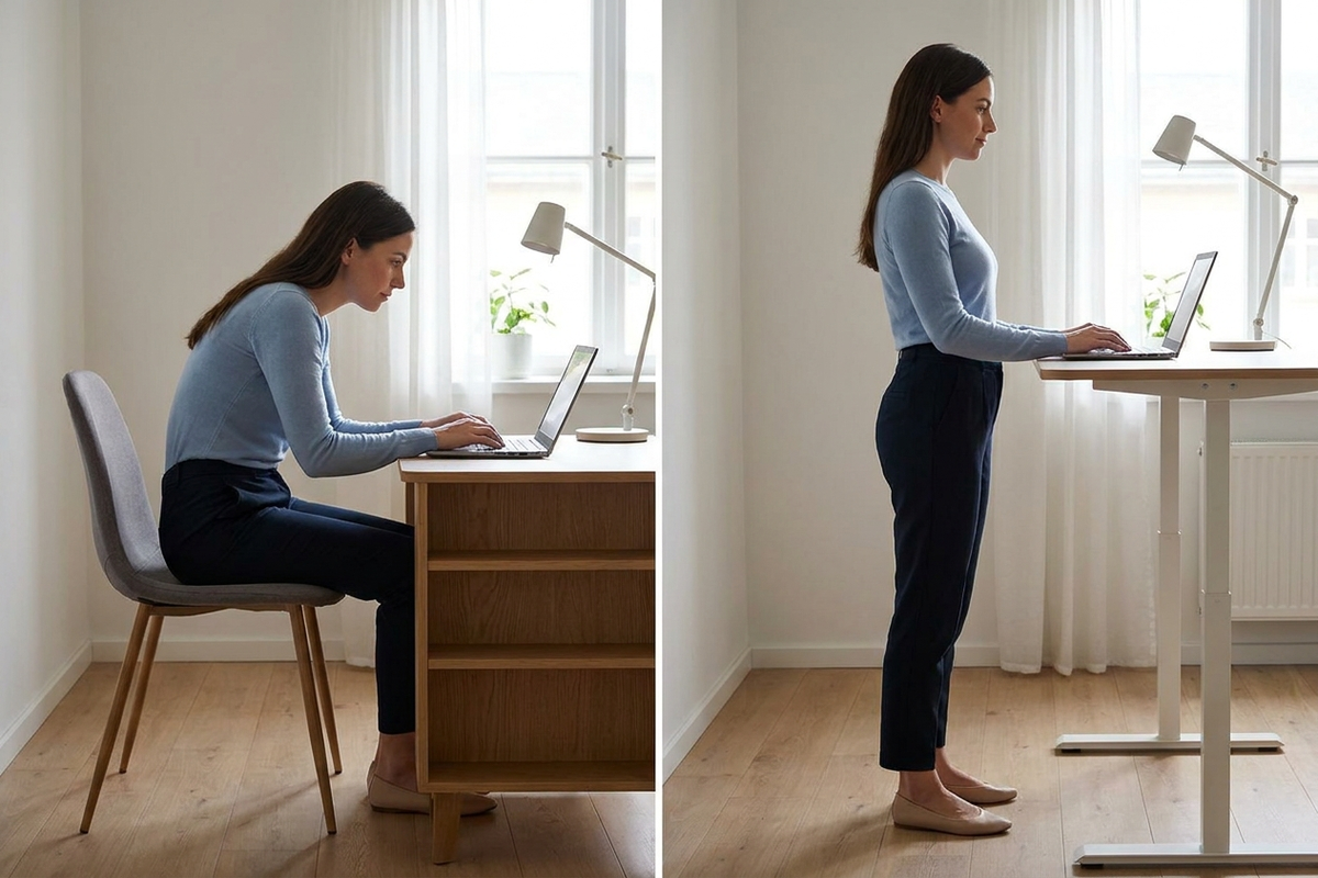 デスクの前で座り姿勢と立ち姿勢を比べる女性のイメージ
