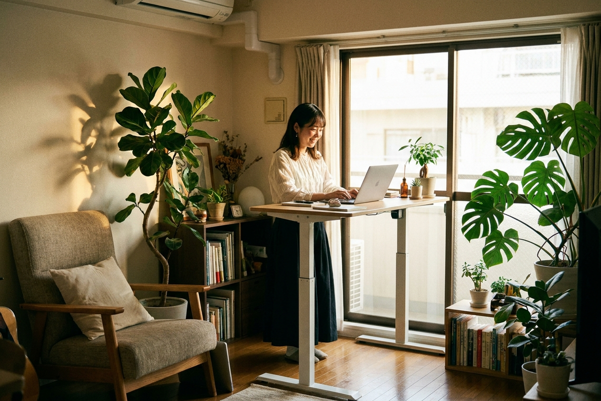 リビングの一角に置かれた電動昇降デスクで作業する女性