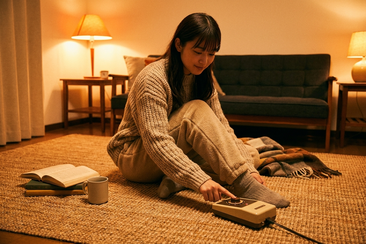 温度調節ダイヤルを確認しながら電気カーペットを使う女性