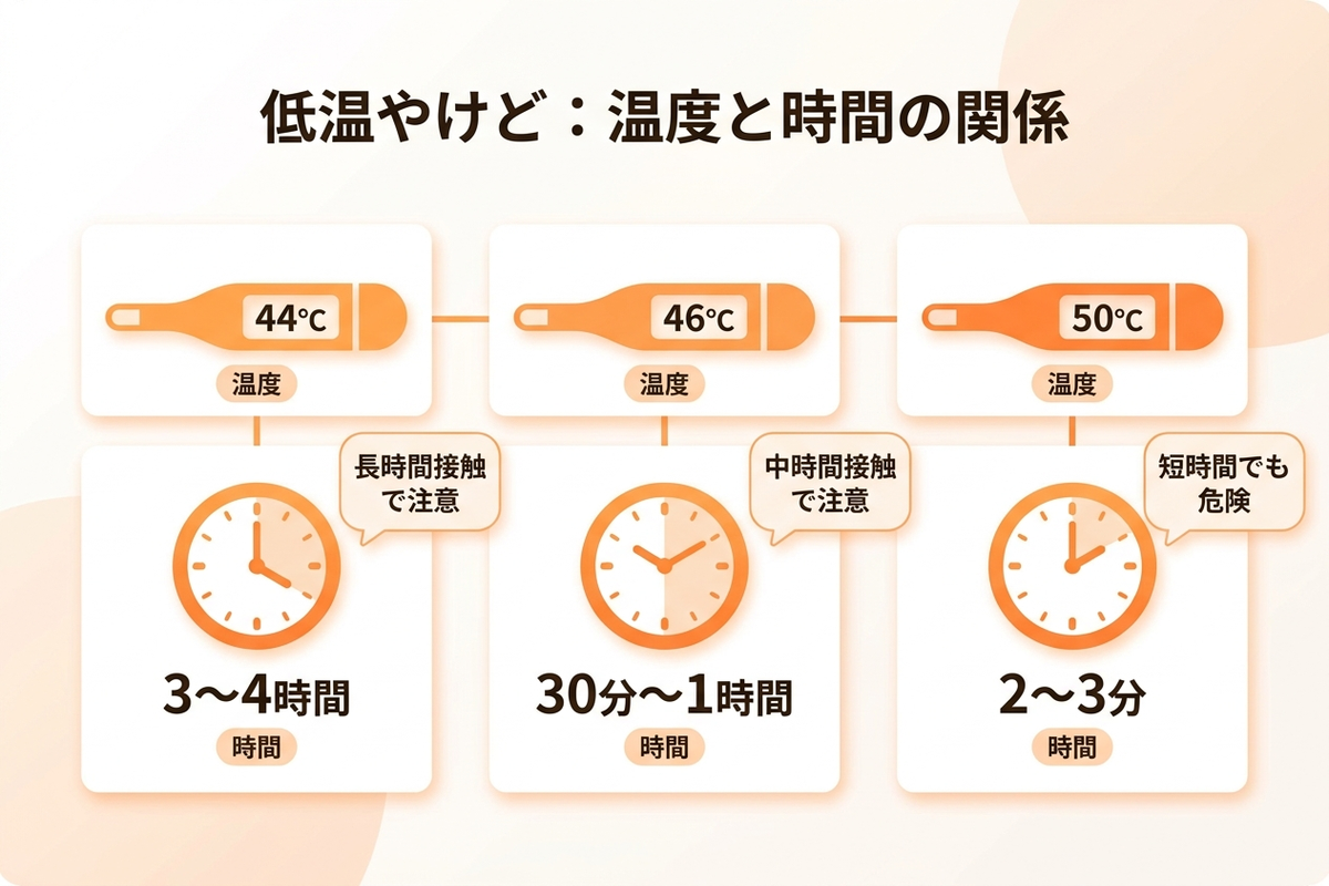 低温やけどが起きる温度と時間の関係を示す図