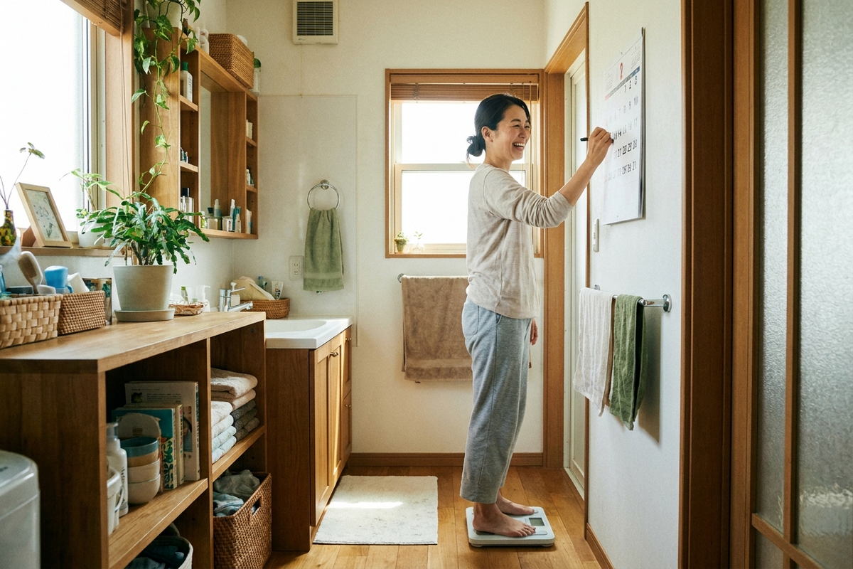 洗面所で体組成計に乗り、壁のカレンダーに記録をつける女性