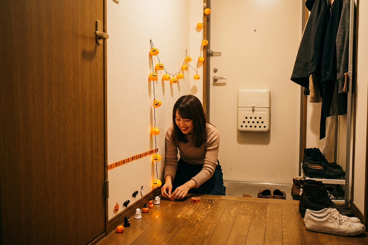 玄関先にハロウィンの飾りを取り付ける様子